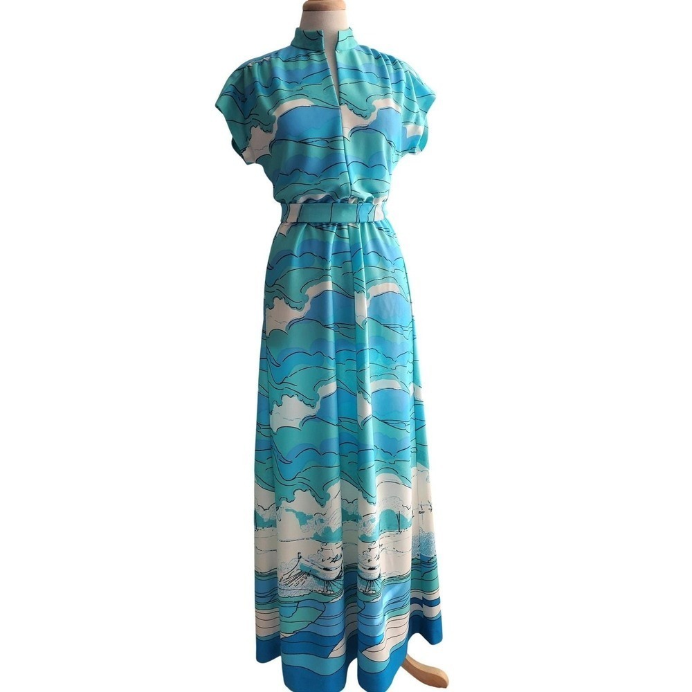 Vintage 1970s Malia Honolulu Hawaiian Maxi Dress Blue Ocean Wave Sailboat S / M